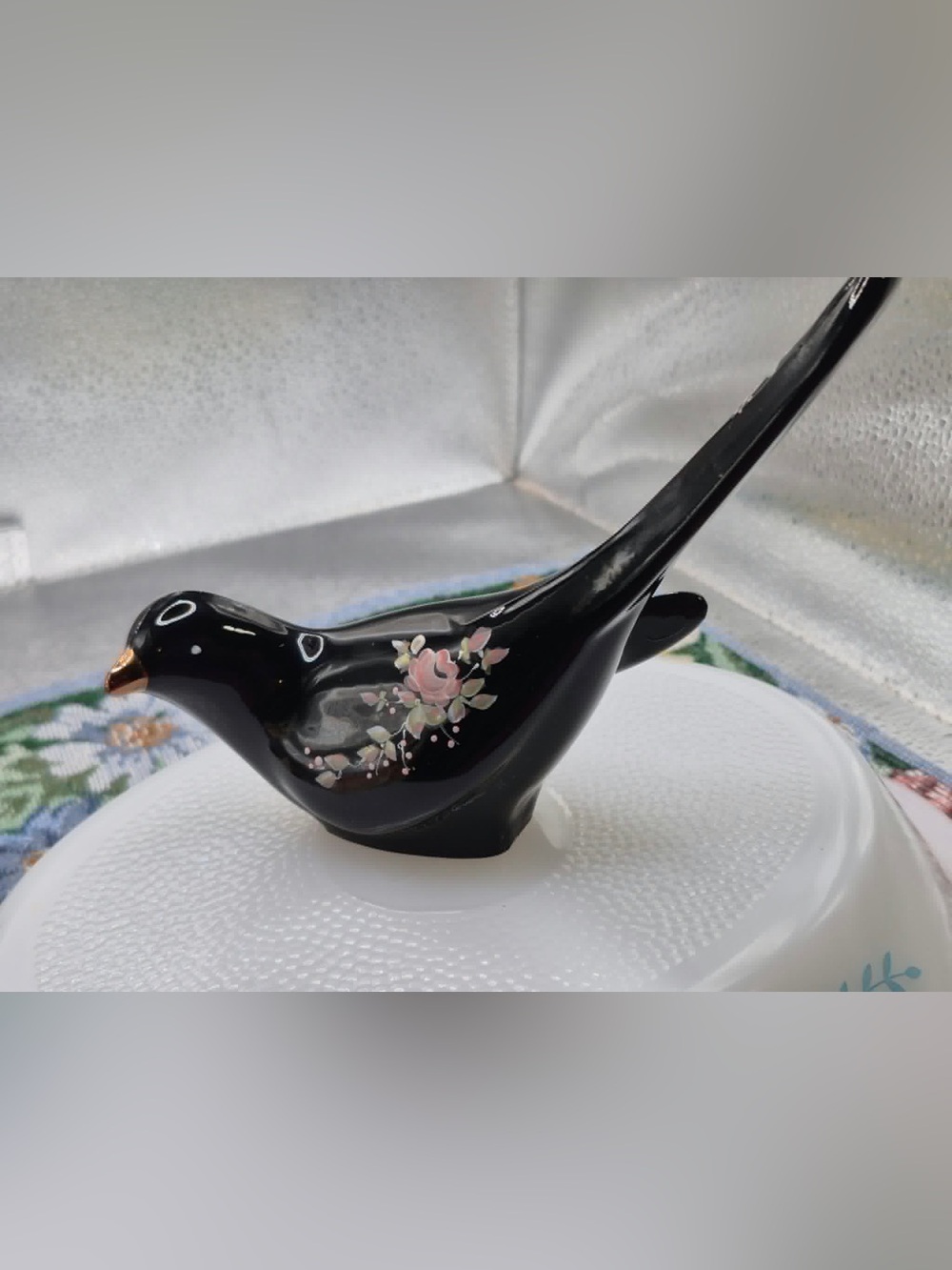 Fenton Black Ebony Glass Bird of Happiness Hand-painted Rose Garden by STEVENS
